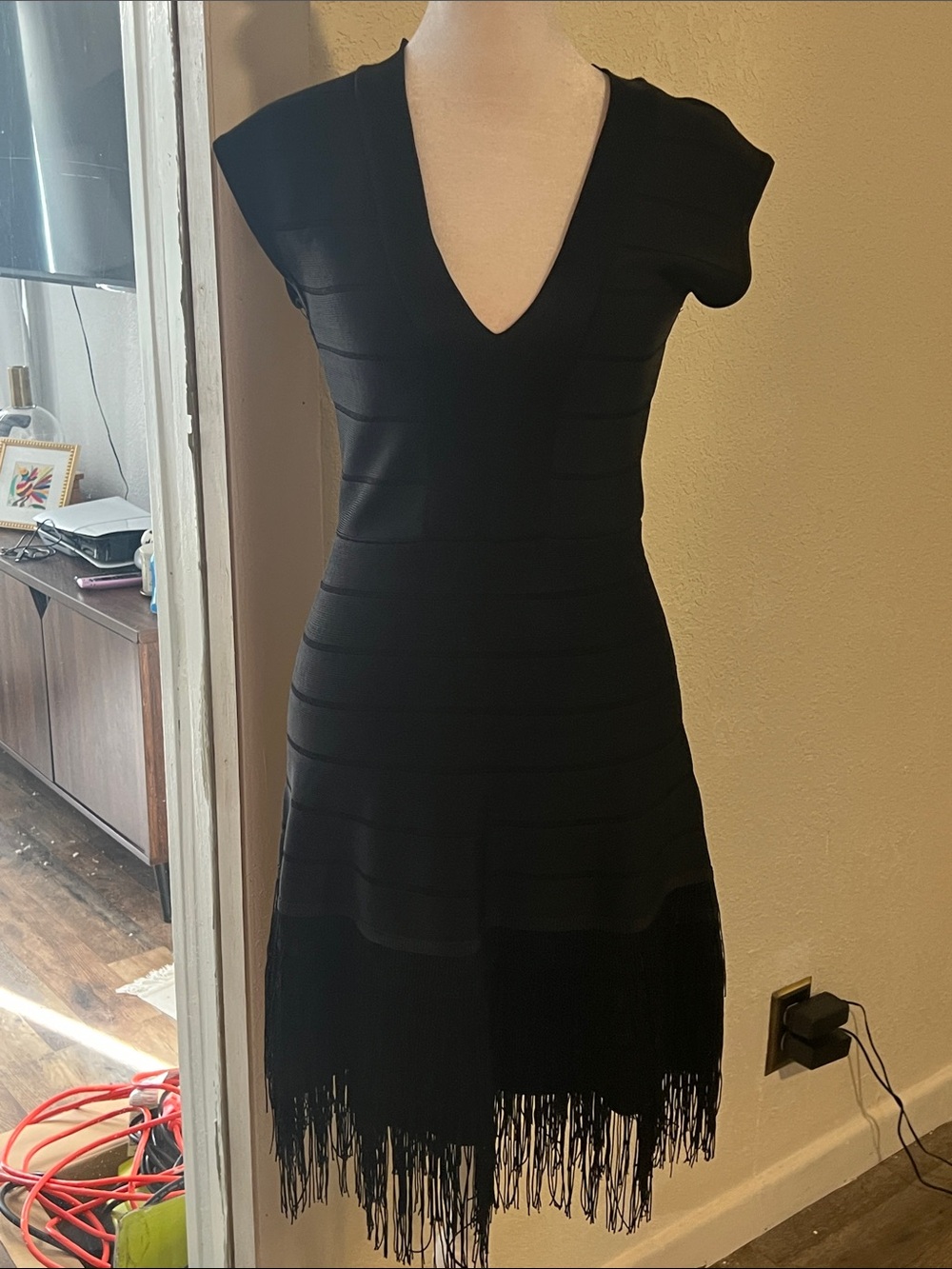French Connection Black V-Neck Fringe Mini Dress